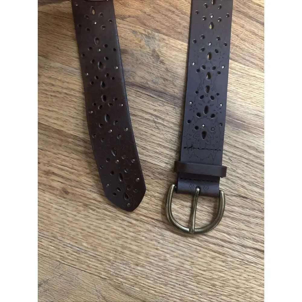 Leather Floral Laser Cut Belt Women’s M/L Tan Boho Brass Buckle